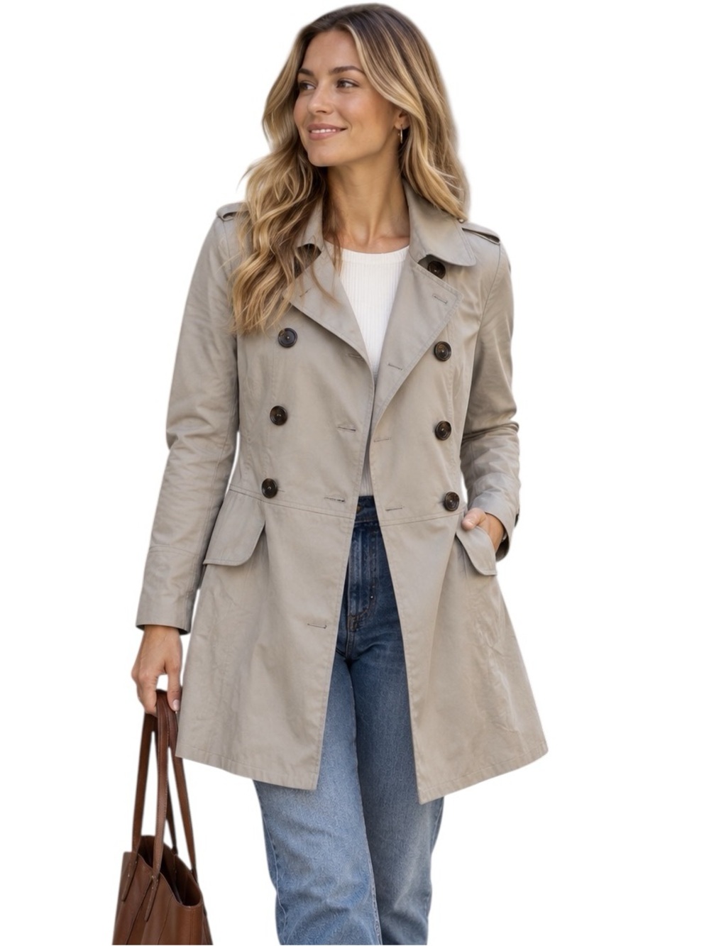 Maison Jules Taupe Double Breasted Trench Coat Peplum Jacket Lightweight Small